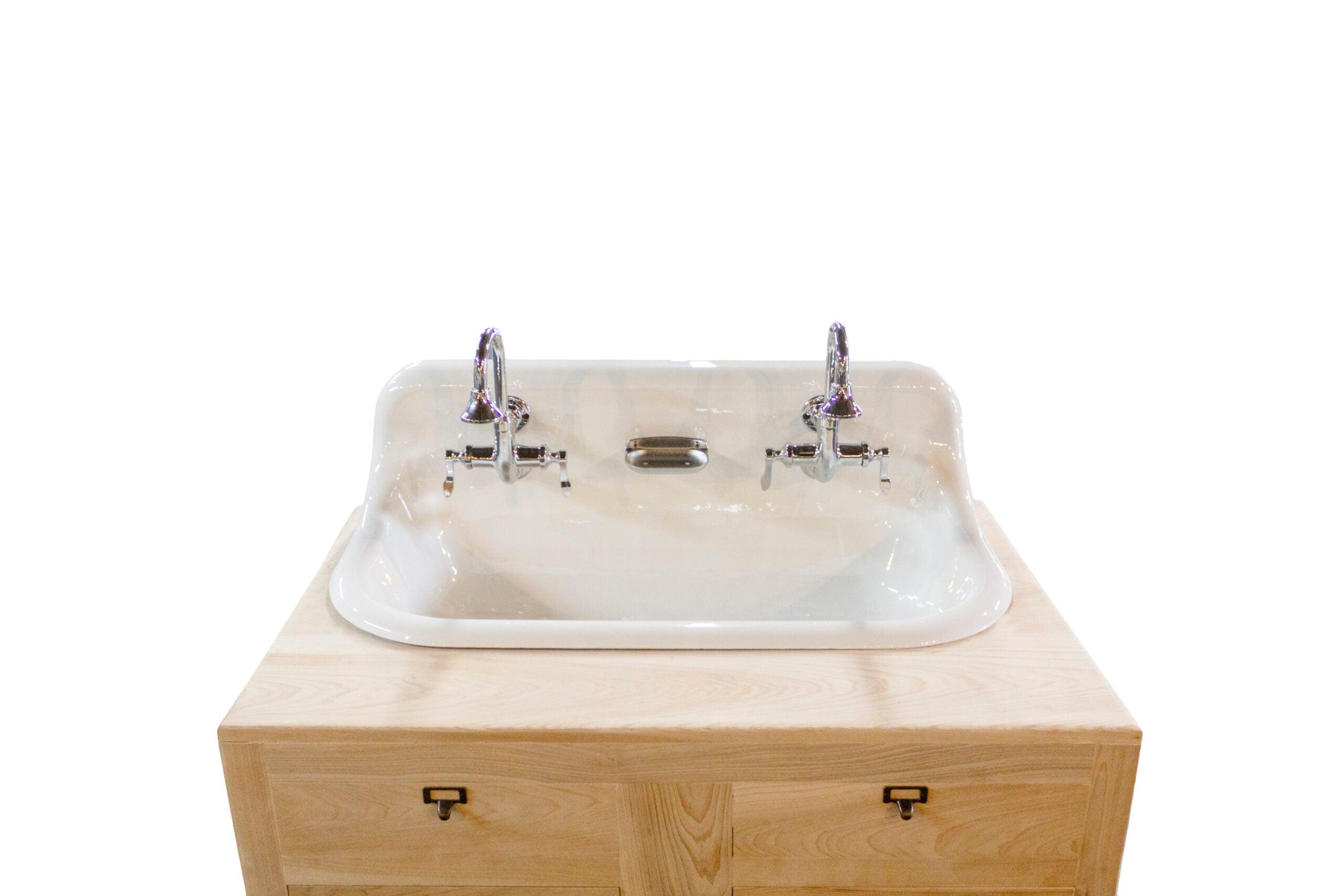 WatermarkFixtures Cypress Beauregard 36″  Trough Sink Kohler Farm Sink Apothecary Chest High Back Sink - Bathroom Design Center