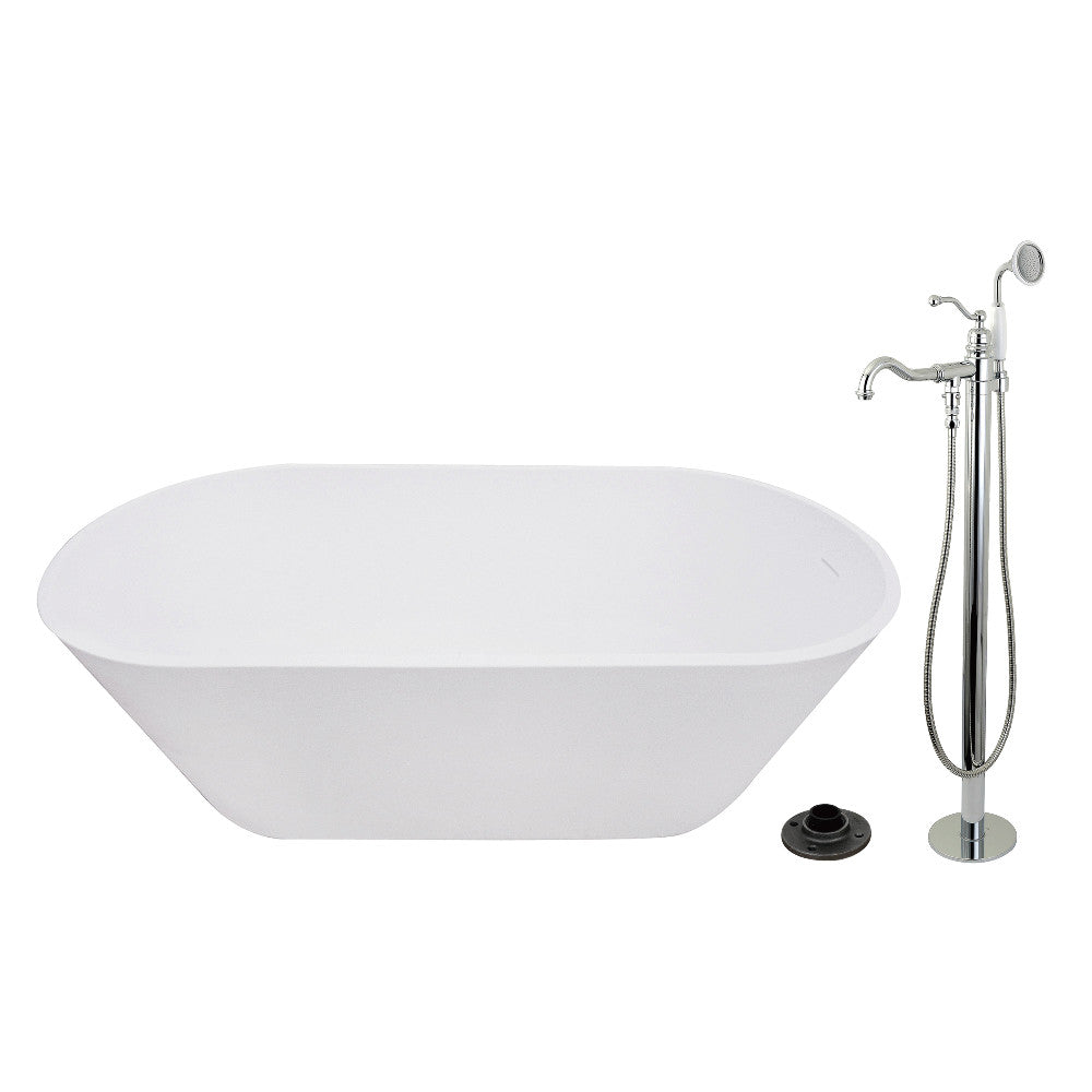 Kingston Brass KRTRS6731131AL 67" Solid Surface Oval Double Ended Freestanding Tub with Faucet Combo and Drain, Polished Chrome
