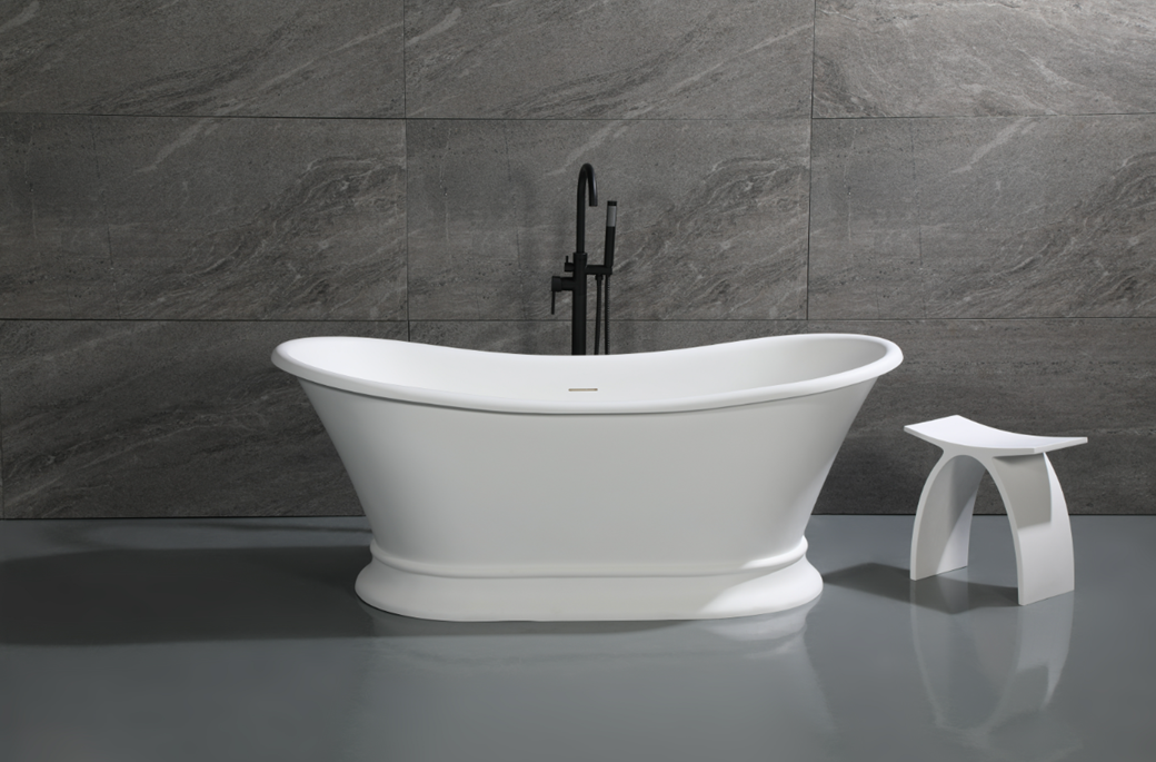 Aqua Eden VRTDS683027 68" Solid Surface Oval Double Slipper Pedestal Tub with Drain (No Faucet Drillings), Matte White/Glossy White