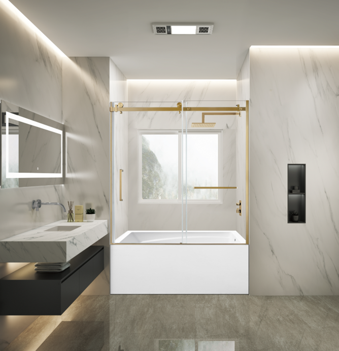 Kingston Brass KVTAM6032R22D7 60" Acrylic Rectangular 3-Wall Anti-Skid Alcove Tub Combo with Tub Door (Right Hand Drain), White/Brushed Brass