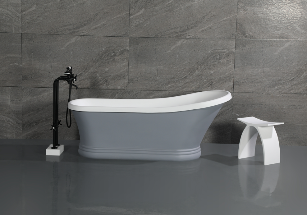 Aqua Eden VRTSS673026WG 68" Solid Surface Oval Single Slipper Pedestal Tub with Drain (No Faucet Drillings), Glossy White/Matte Gray