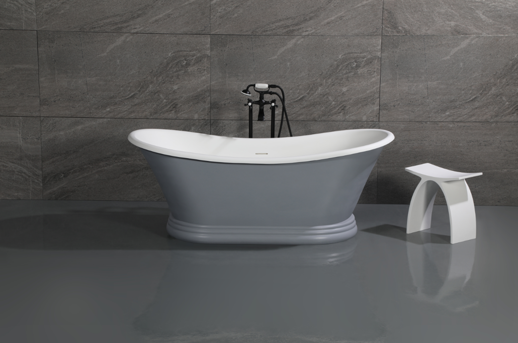 Aqua Eden VRTDS673026WG 67" Solid Surface Oval Double Slipper Pedestal Tub with Drain (No Faucet Drillings), Glossy White/Matte Gray
