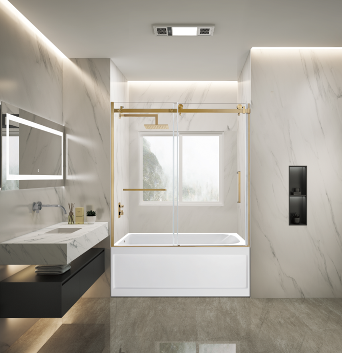 Kingston Brass KVTAP6032L21A7 60" Acrylic Rectangular 3-Wall Anti-Skid Alcove Tub Combo with Tub Door (Left Hand Drain), White/Brushed Brass