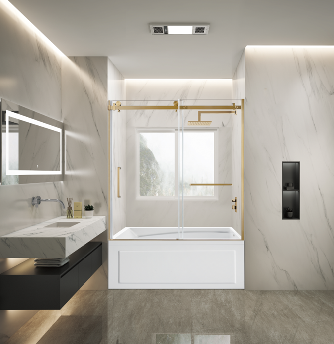 Kingston Brass KVTAM6032R22B7 60" Acrylic Rectangular 3-Wall Anti-Skid Alcove Tub Combo with Tub Door (Right Hand Drain), White/Brushed Brass