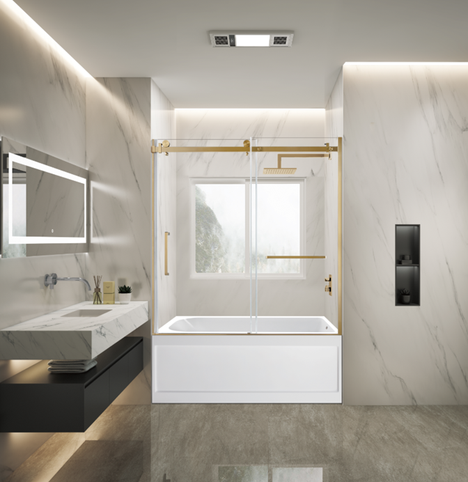 Kingston Brass KVTAP6032R21A7 60" Acrylic Rectangular 3-Wall Anti-Skid Alcove Tub Combo with Tub Door (Right Hand Drain), White/Brushed Brass