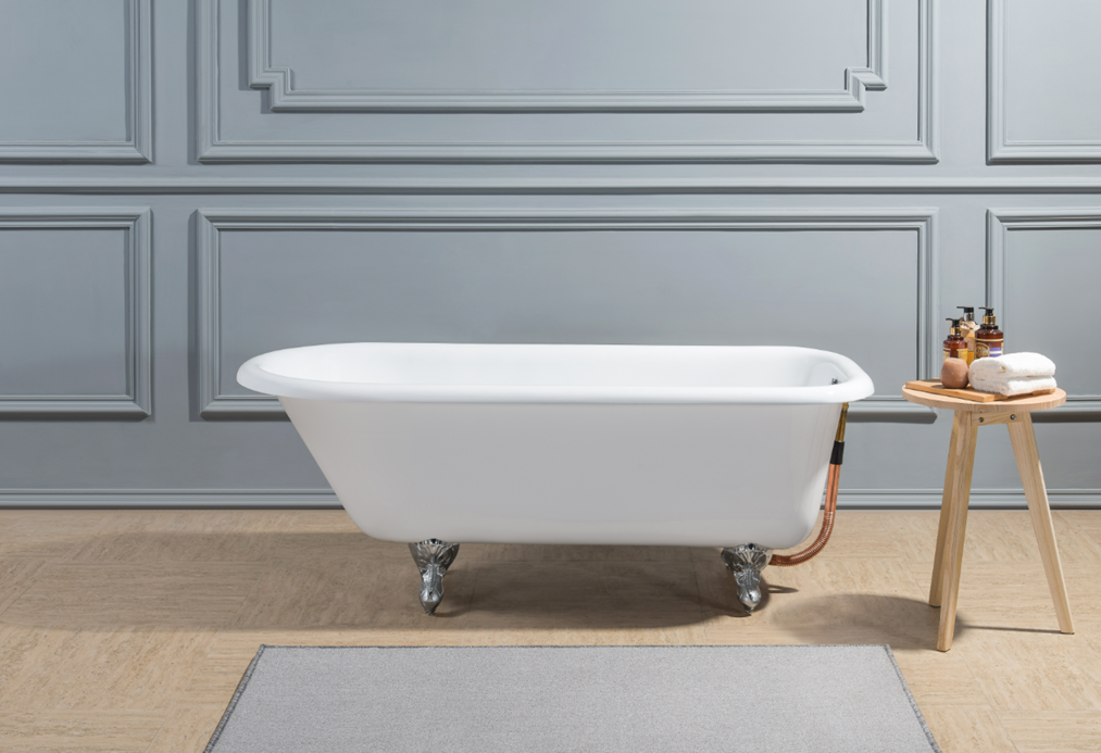 Aqua Eden VCTND483117W1 48" Cast Iron Classic Flat-Rim Roll Top Clawfoot Tub (No Faucet Drillings), White/Polished Chrome