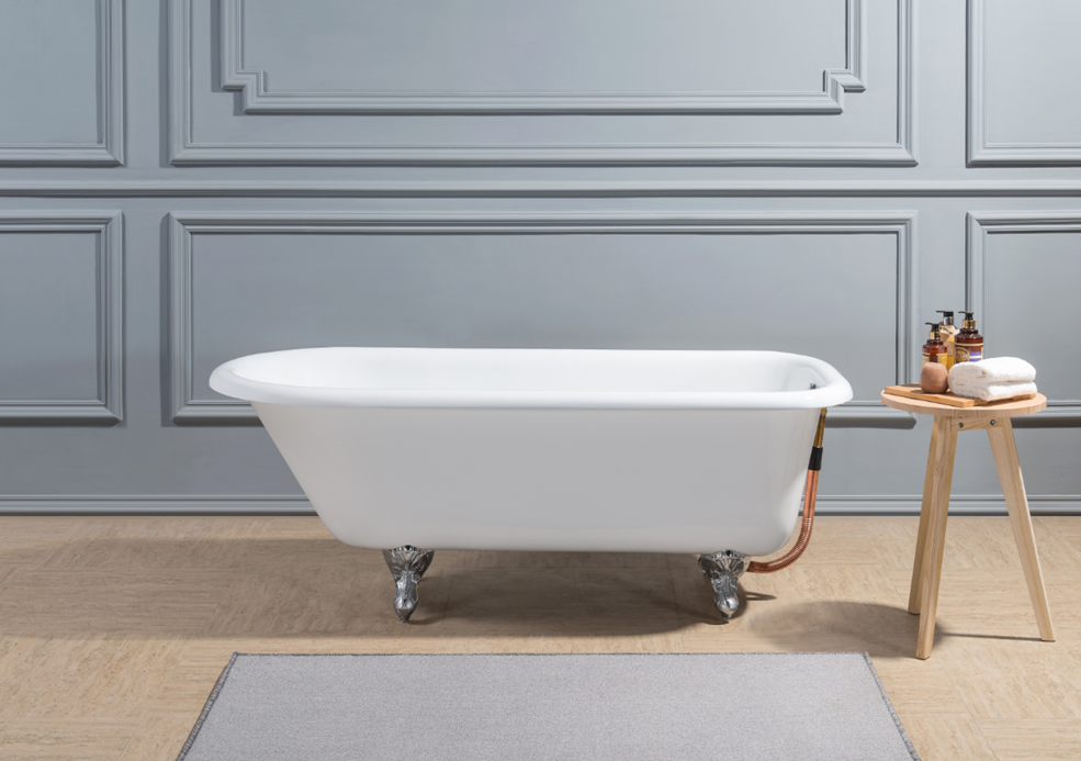 Aqua Eden VCTND543019W1 54" Cast Iron Classic Flat-Rim Roll Top Clawfoot Tub (No Faucet Drillings), White/Polished Chrome