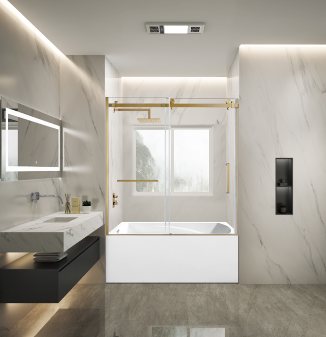 Kingston Brass KVTAM6032L217 60" Acrylic Rectangular 3-Wall Alcove Tub Combo with Tub Door (Left Hand Drain), White/Brushed Brass