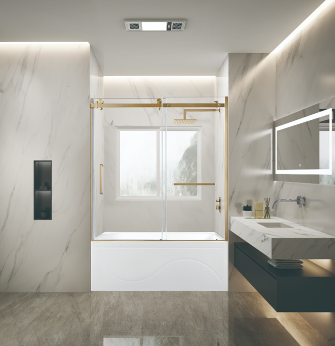 Kingston Brass KVTAP603216R7 60" Acrylic Rectangular 3-Wall Anti-Skid Alcove Tub Combo with Tub Door (Right Hand Drain), White/Brushed Brass