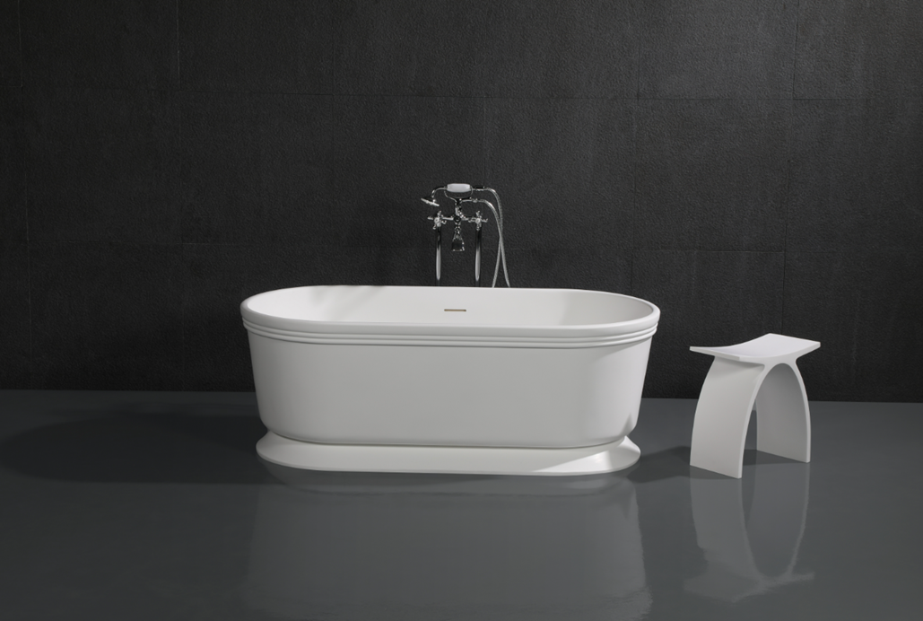 Aqua Eden VRTDE593023 59" Solid Surface Oval Double Ended Pedestal Tub with Drain (No Faucet Drillings), Glossy White/Matte White