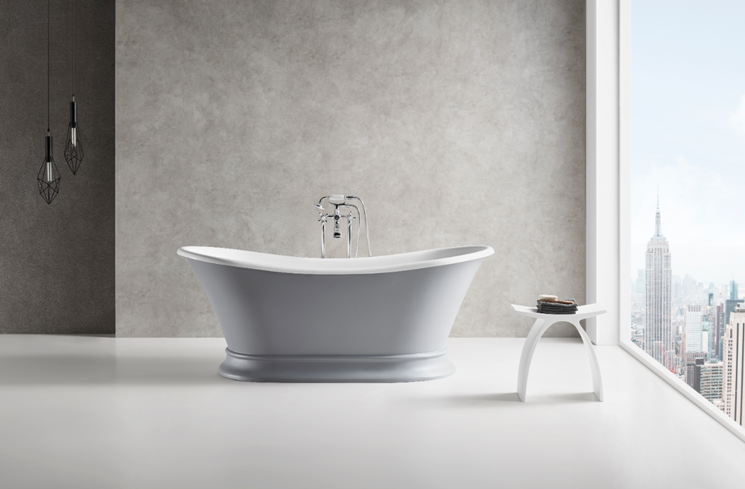Aqua Eden VRTDS683027WG 68" Solid Surface Oval Double Slipper Pedestal Tub with Drain (No Faucet Drillings), Matte Gray/Glossy White