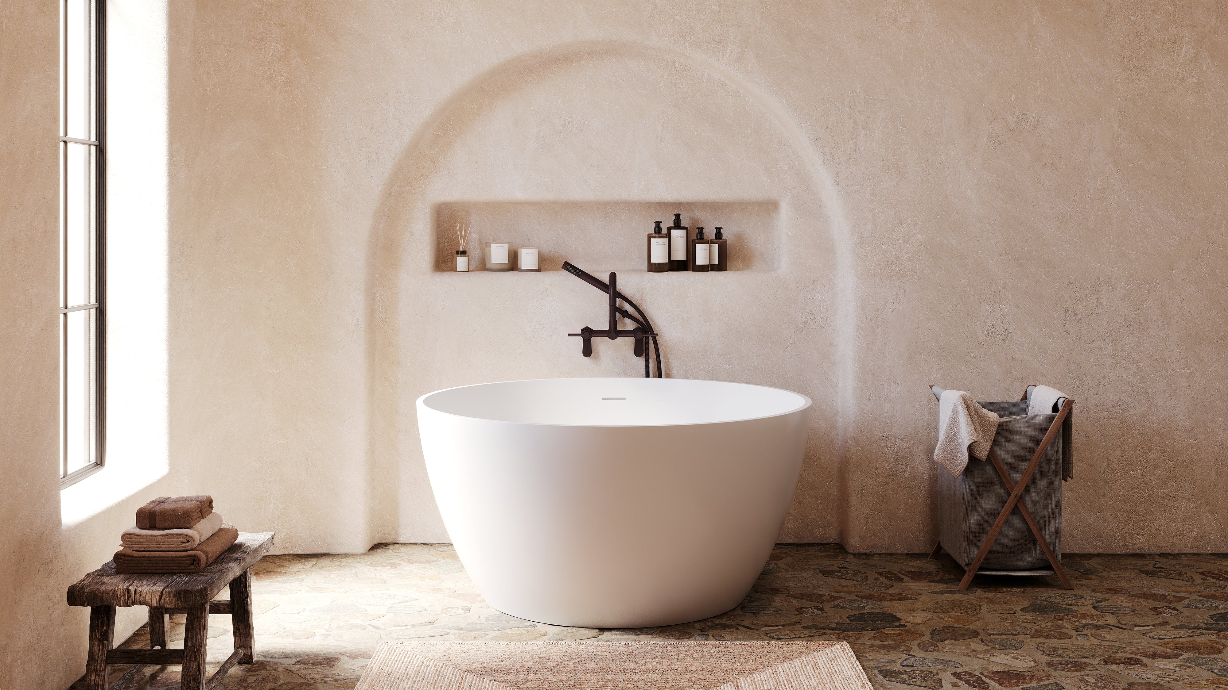 Kingston Brass KRTRO4545155DL 45" Solid Surface Round Double Ended Freestanding Tub with Faucet Combo and Drain, Oil Rubbed Bronze