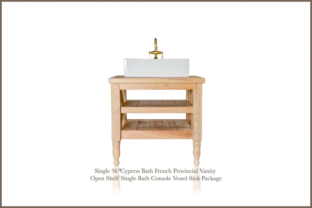 WatermarkFixtures Single 36″ Cypress Bath French Provincial Vanity Open Shelf Single Bath Console Vessel Sink - Bathroom Design Center