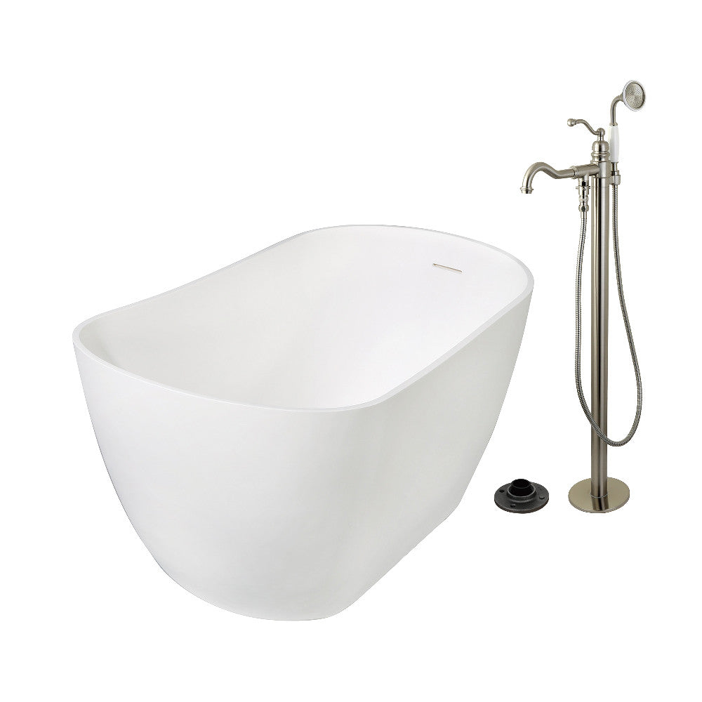 Kingston Brass KRTSS5130138AL 51" Solid Surface Oval Single Slipper Freestanding Tub with Faucet Combo and Drain, Brushed Nickel