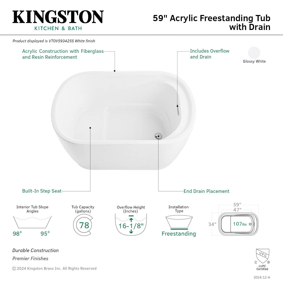Kingston Brass VTOV593425S 59" Acrylic Oval Rectangular Double Ended Freestanding Tub with Drain, Glossy White