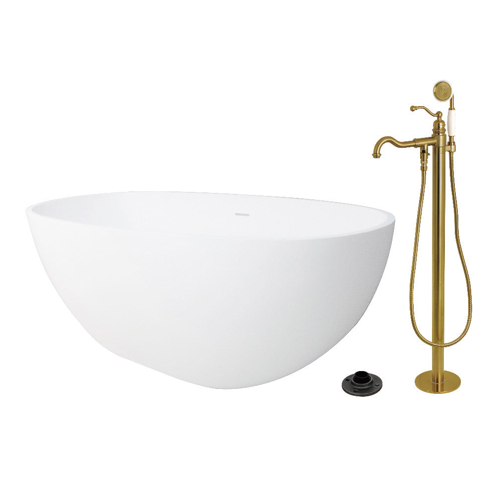 Kingston Brass KRTRS6531137AL 65" Solid Surface Oval Double Ended Freestanding Tub with Faucet Combo and Drain, Brushed Brass