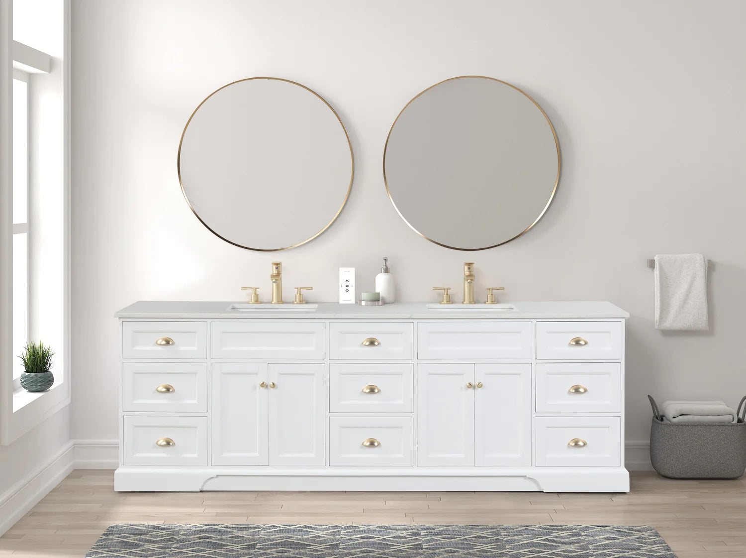 Eviva Epic Double Vanity with White Quartz Top and Gold Hardware - 84" and 96" - Bathroom Design Center