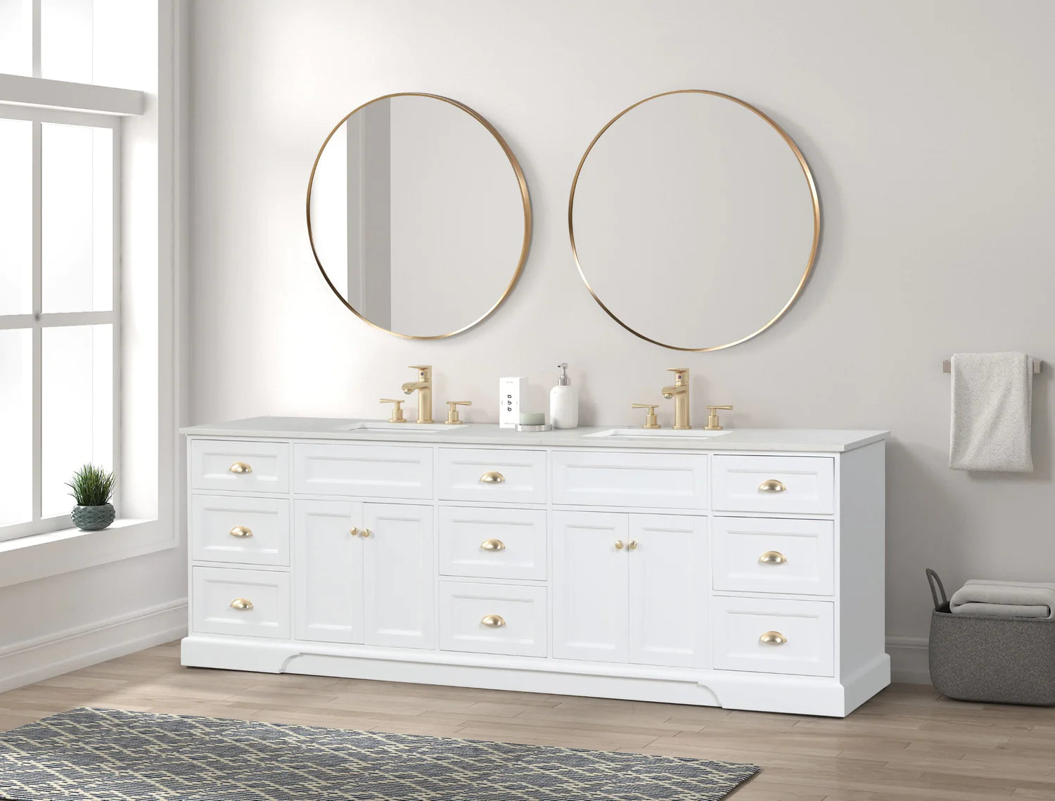 Eviva Epic Double Vanity with White Quartz Top and Gold Hardware - 84" and 96" - Bathroom Design Center