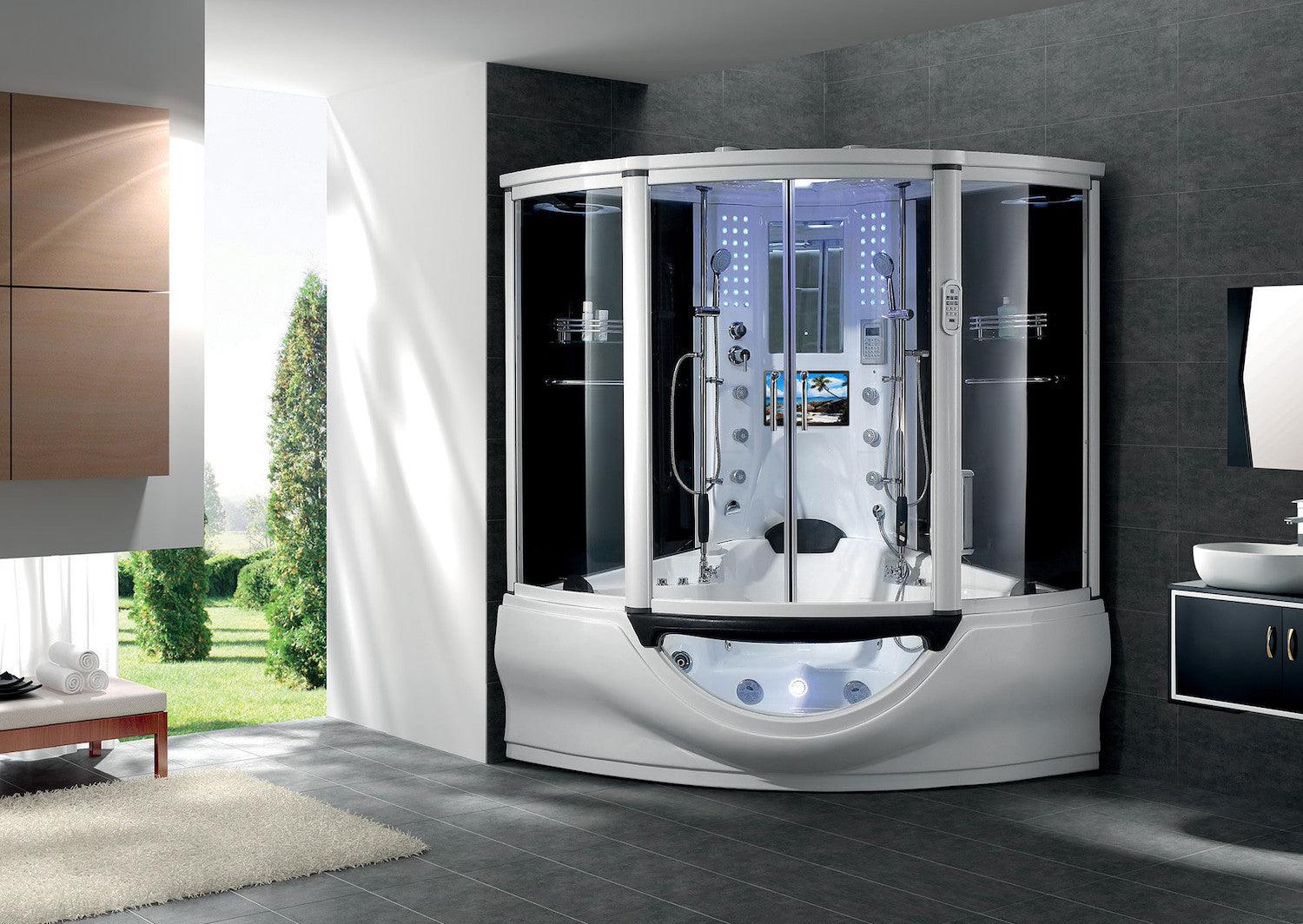 Maya Bath Platinum Superior Steam Shower & Whirlpool Bathtub with TV and 16 jets 64 x 64 x 88 in - Bathroom Design Center