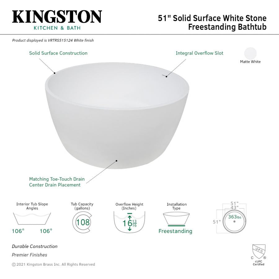Kingston Brass Aqua Eden Arcticstone 51-Inch Solid Surface White Stone Freestanding Tub with Drain, Matte White