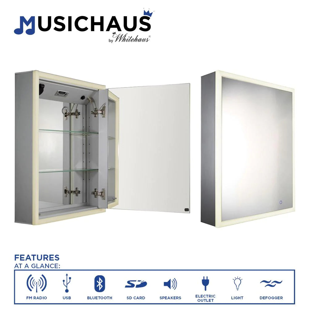 MUSICHAUS by WHITEHAUS Single Mirrored Door Medicine Cabinet With USB, SD Card, Bluetooth, Fm Radio, Speakers, Defogger, & Dimmer - Bathroom Design Center