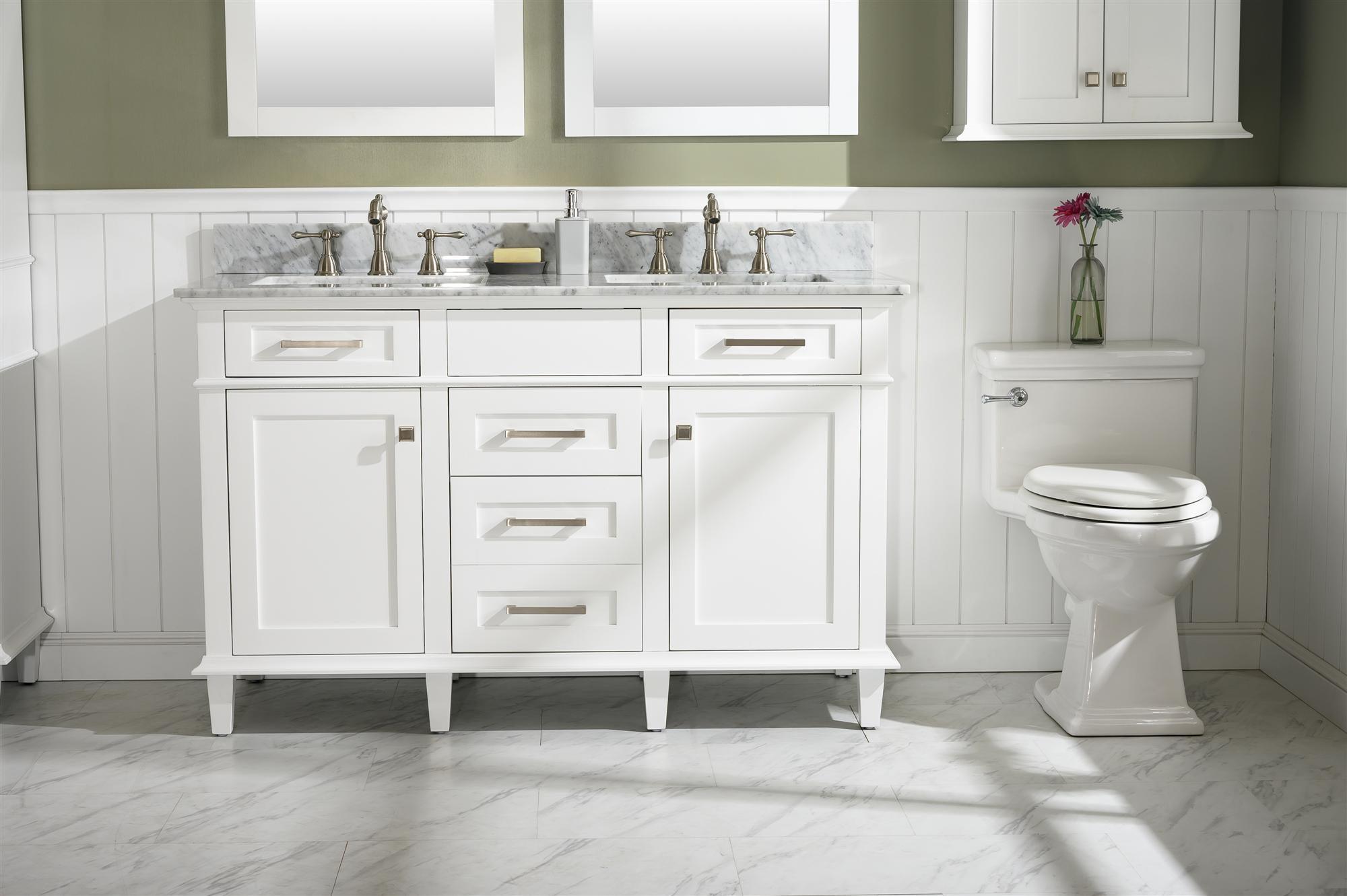 Legion Furniture 54" White Double Sink Vanity Cabinet With Carrara White Top - Bathroom Design Center