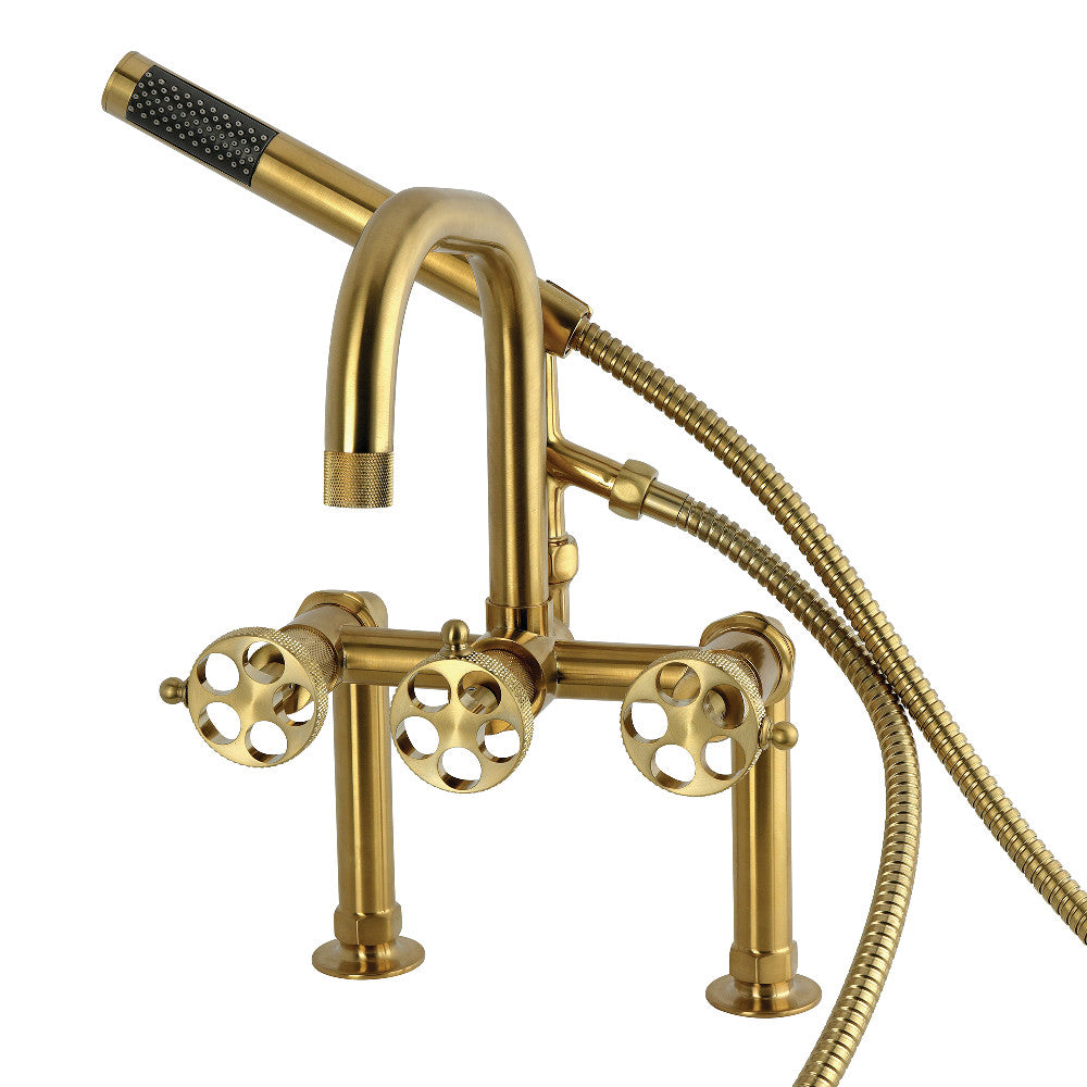 Kingston Brass AE6007RKX Webb 7" Center Deck-Mount Clawfoot Tub Faucet with Knurled Handle and Hand Shower, Brushed Brass