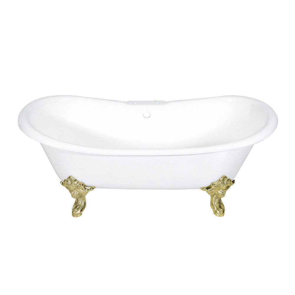 Aqua Eden VCT7DS7231NL2 72" Cast Iron Oval Double Slipper Clawfoot Tub (7" Faucet Drillings), White/Polished Brass