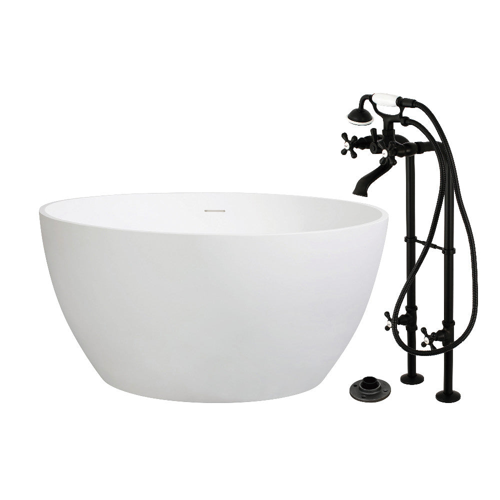 Kingston Brass KRTRO4545266K0 45" Solid Surface Round Double Ended Freestanding Tub with Faucet Combo and Drain, Matte Black