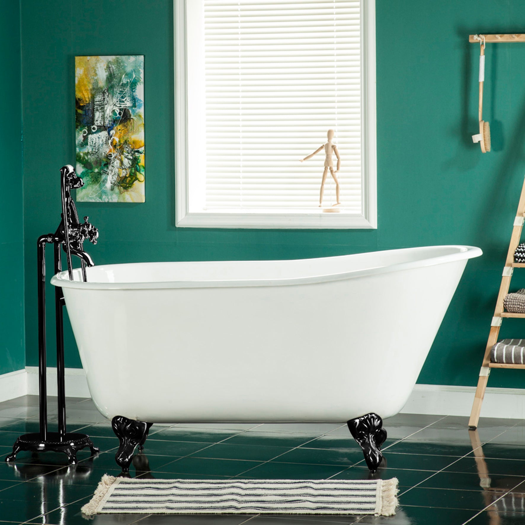 Aqua Eden VCTND4828NT0 48" Cast Iron Oval Single Slipper Clawfoot Tub (No Faucet Drillings), White/Matte Black