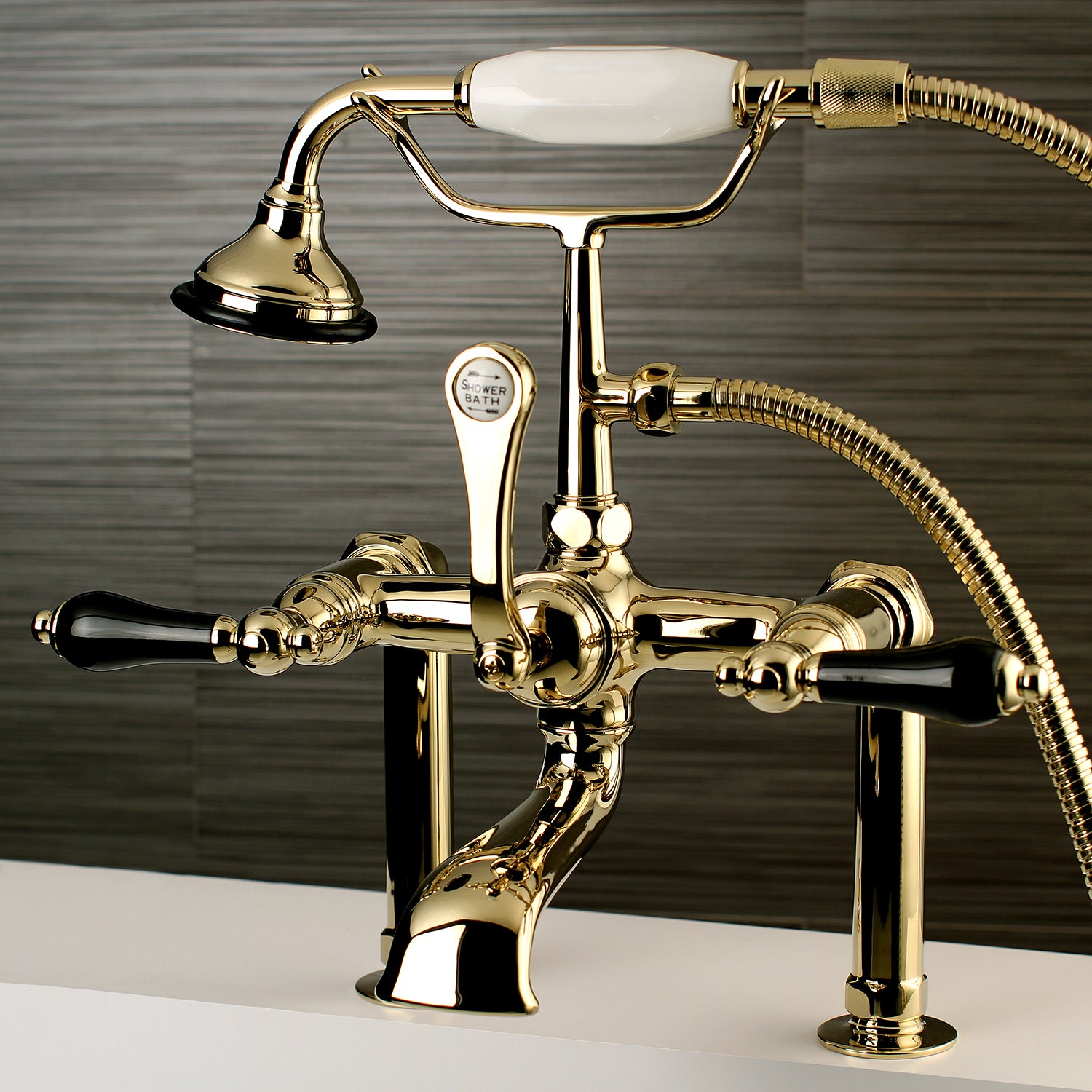 Aqua Vintage AE103T2PKL Duchess 7" Center Deck-Mount Clawfoot Tub Faucet with Hand Shower, Polished Brass