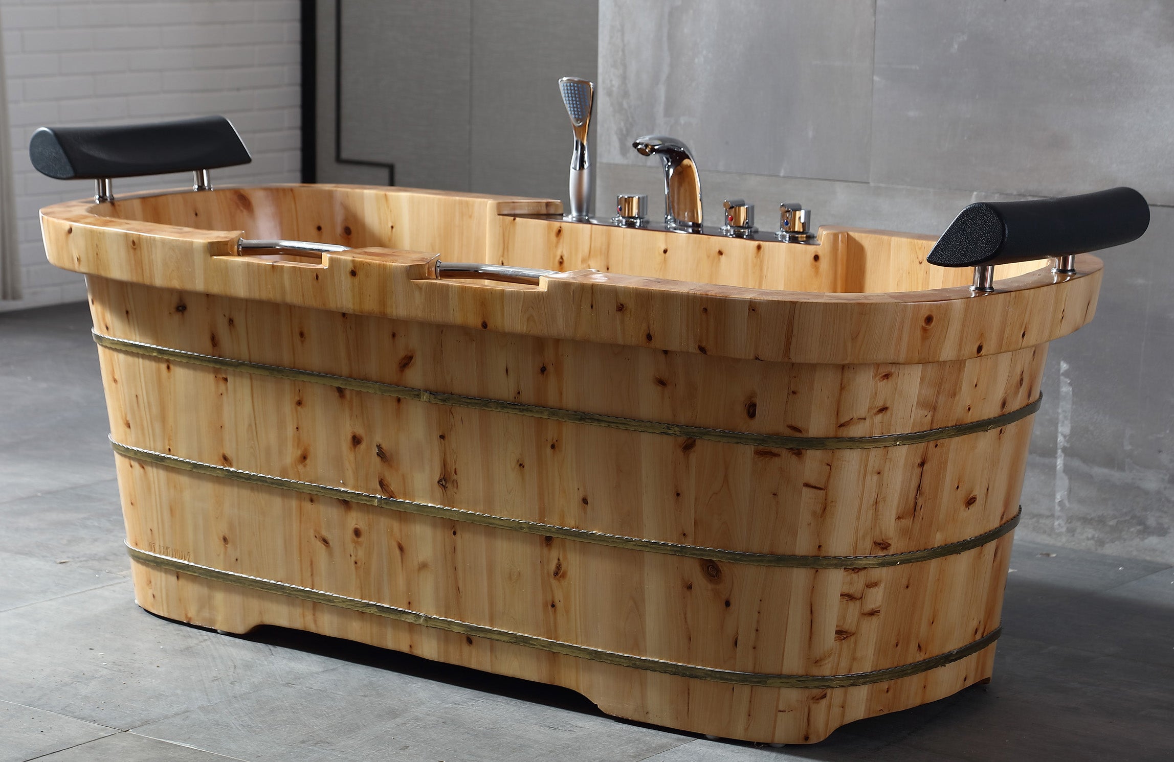 ALFI AB1130 65" 2 Person Free Standing Cedar Wooden Bathtub with Fixtures & Headrests