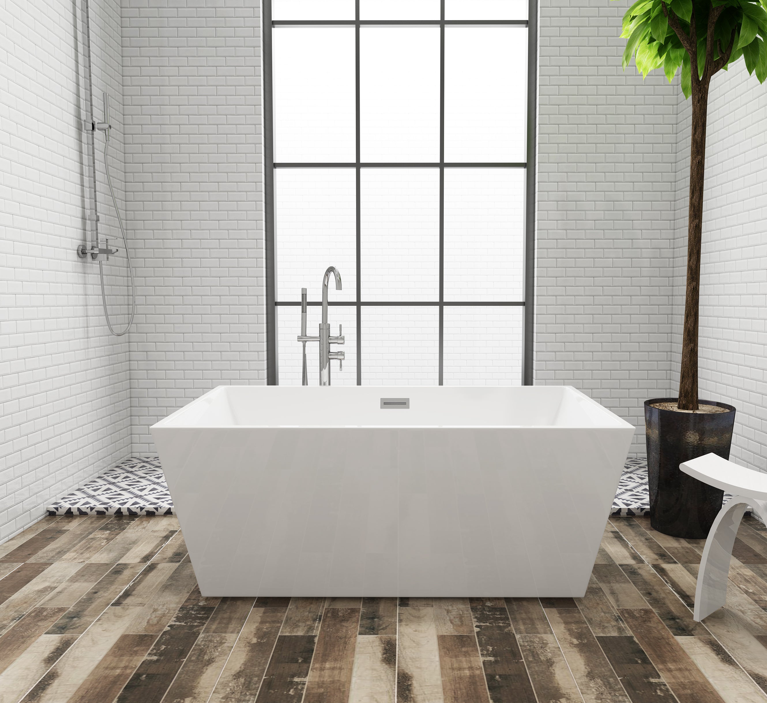 Kingston Brass VTSQ593223 59" Acrylic Rectangular Double Ended Freestanding Tub with Drain, Glossy White