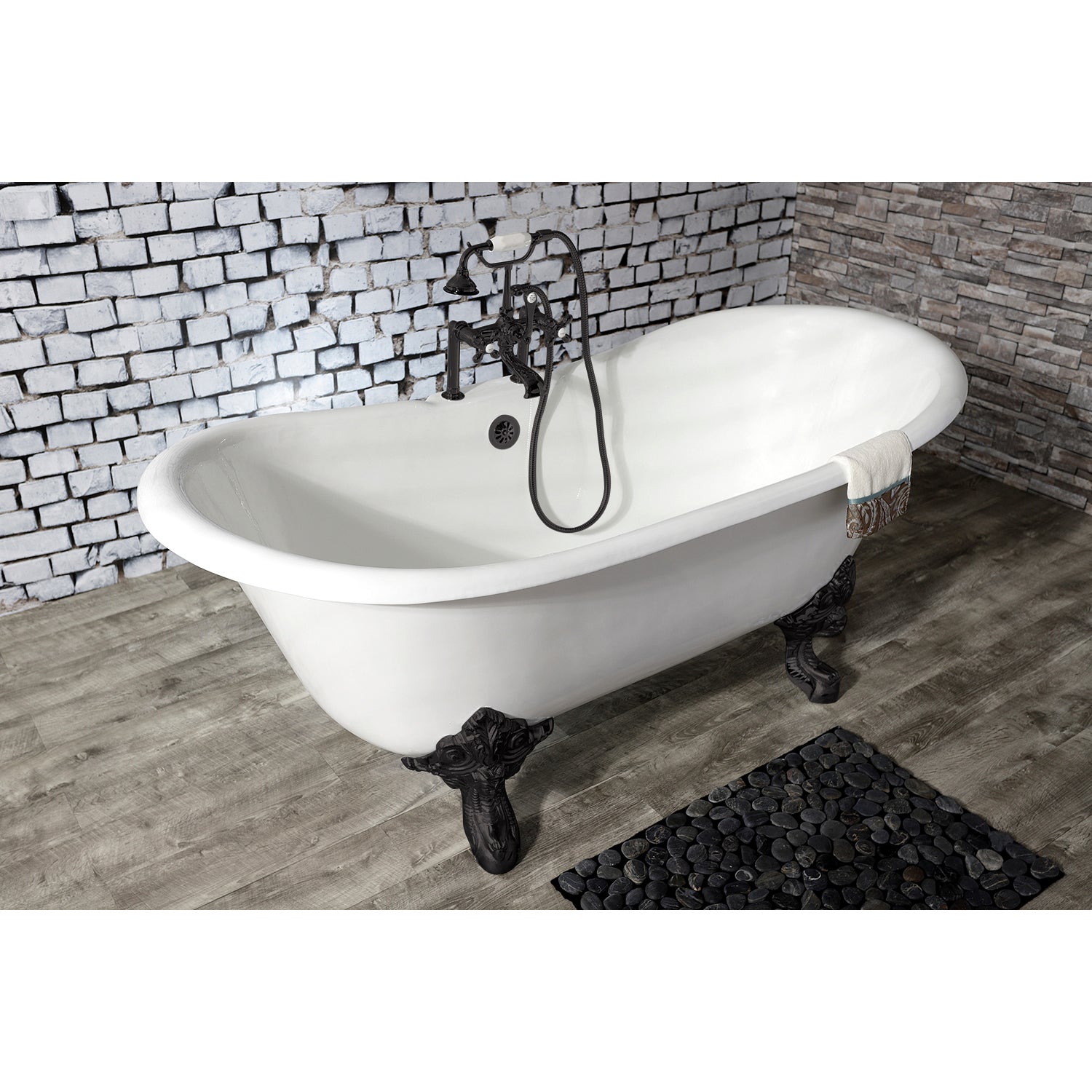 Aqua Eden VCT7DS6731NL0 67" Cast Iron Oval Double Slipper Clawfoot Tub (7" Faucet Drillings), White/Matte Black