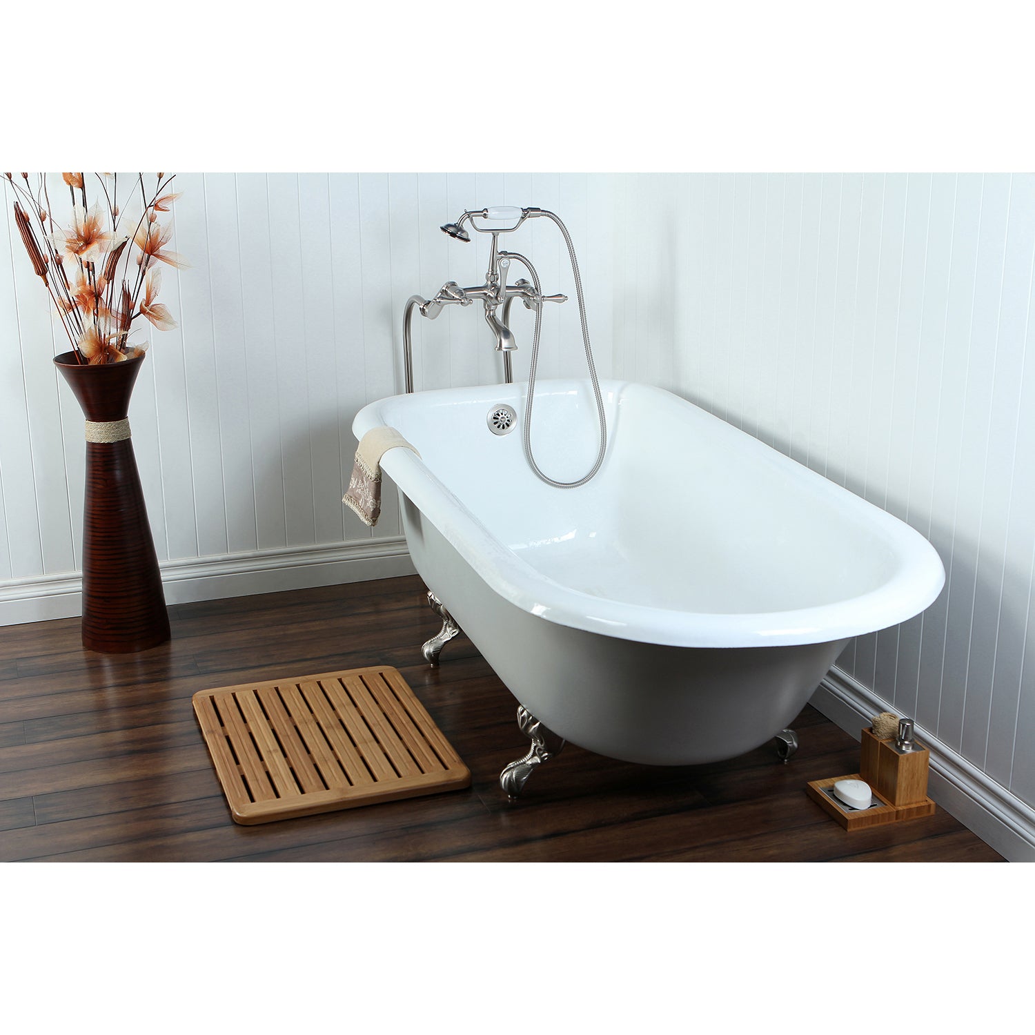 Aqua Eden VCTND673123T8 67" Cast Iron Oval Rectangular Roll Top Clawfoot Tub (No Faucet Drillings), White/Brushed Nickel