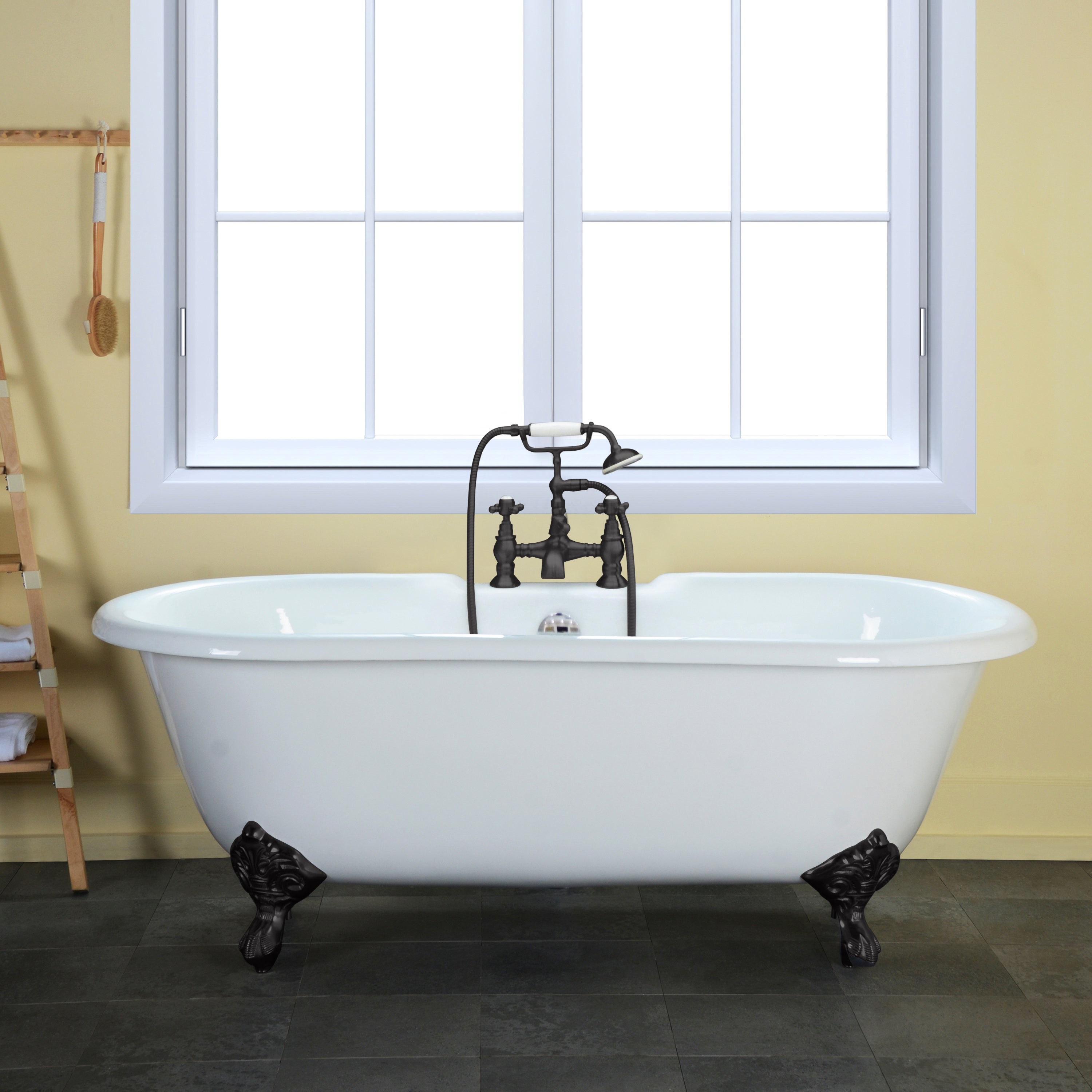 Aqua Eden VCT7D663013NB0 66" Cast Iron Oval Double Ended Clawfoot Tub (7" Faucet Drillings), White/Matte Black