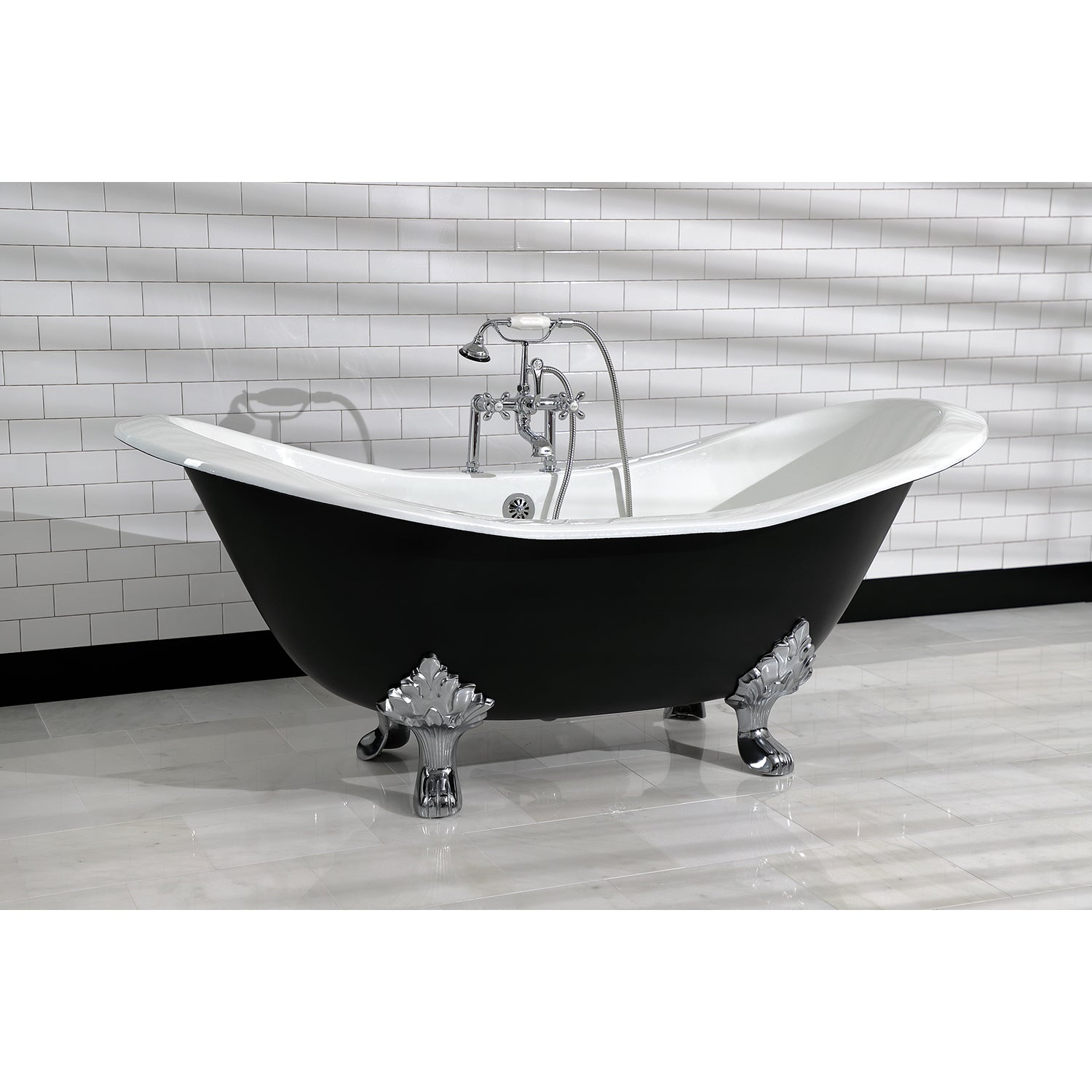Aqua Eden VBT7D7231NC1 72" Cast Iron Oval Double Slipper Clawfoot Tub (7" Faucet Drillings), Black/White/Polished Chrome