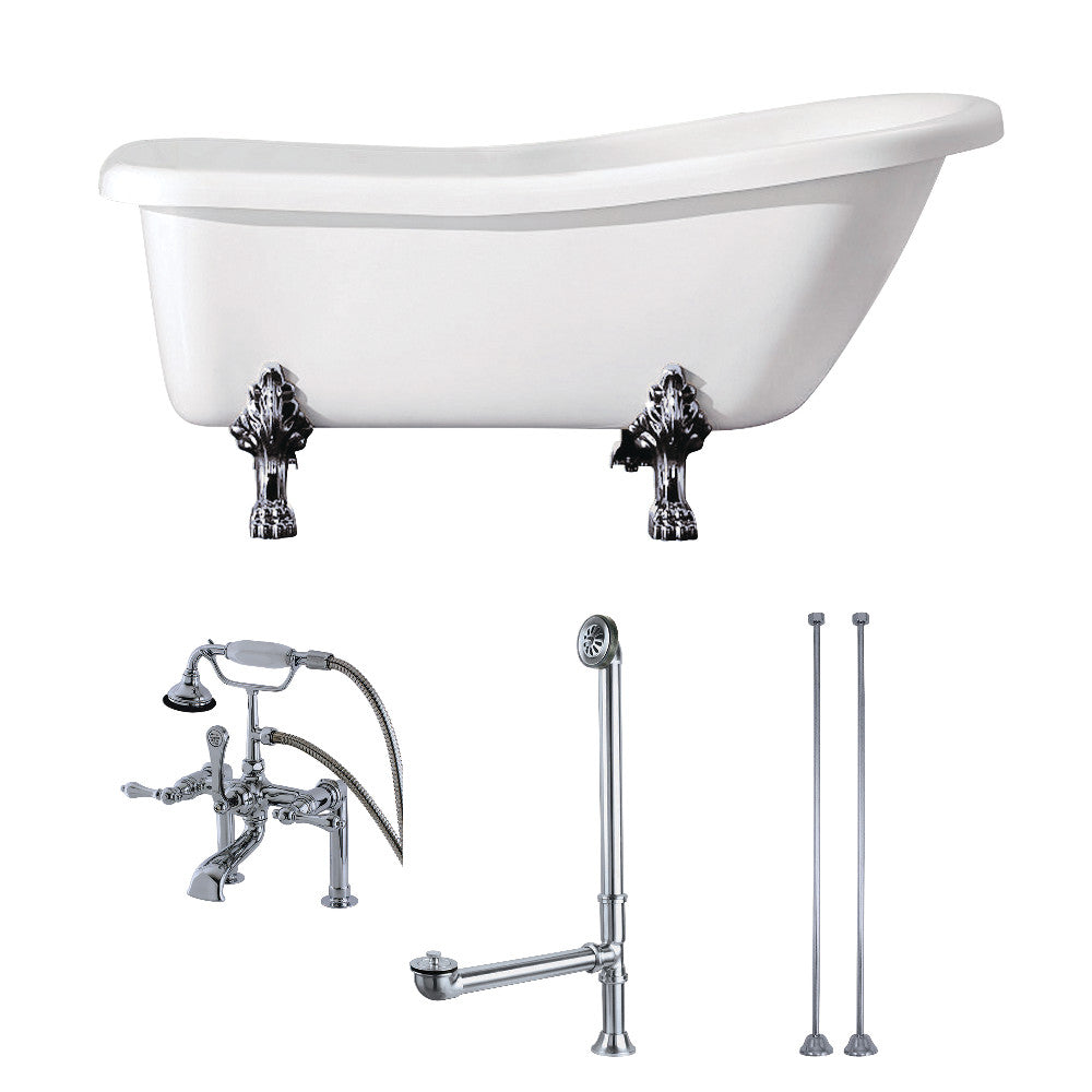 Aqua Eden KTDE692823C1 67" Acrylic Oval Single Slipper Clawfoot Tub with Faucet Drain and Supply Lines Combo, Glossy White/Polished Chrome