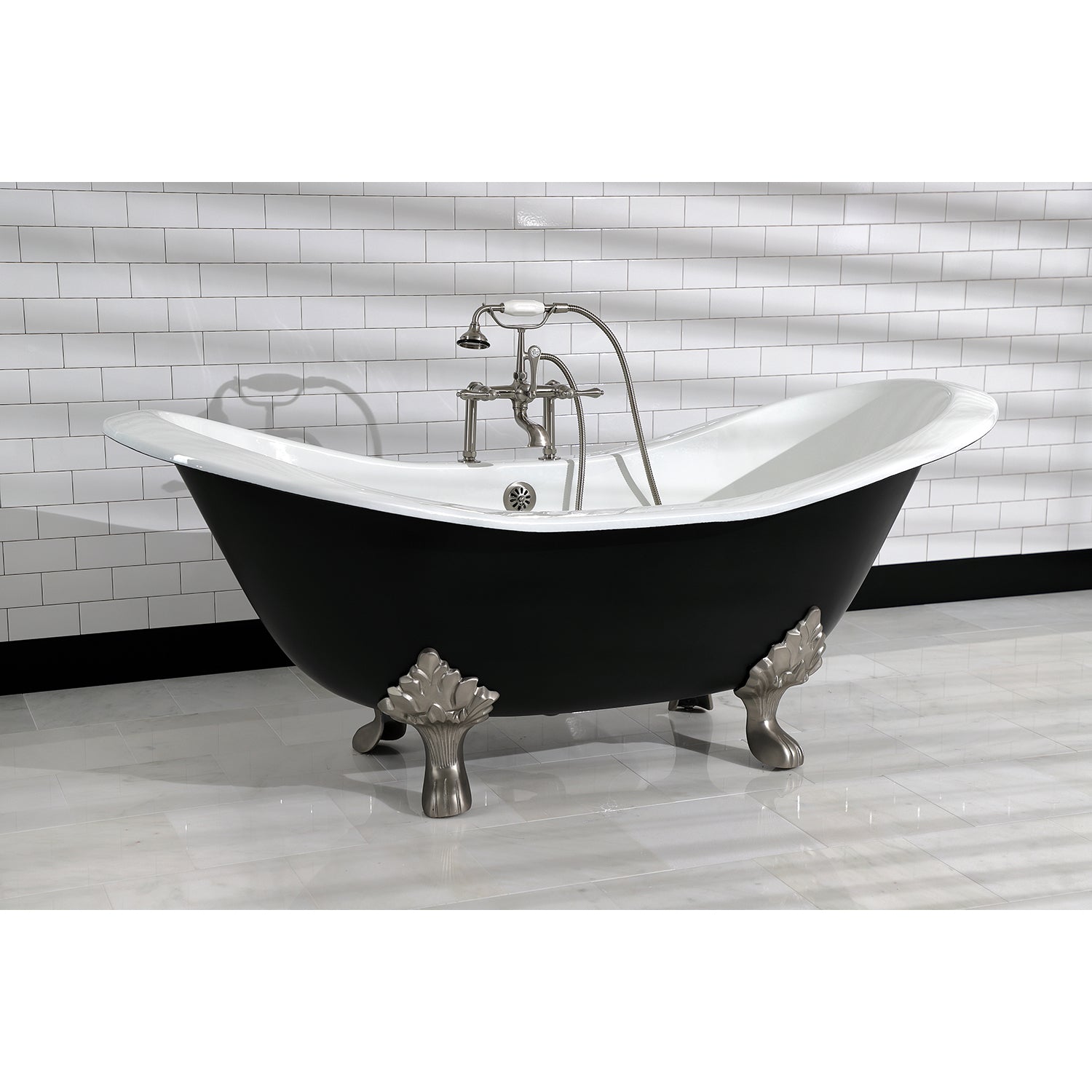 Aqua Eden VBT7D7231NC8 72" Cast Iron Oval Double Slipper Clawfoot Tub (7" Faucet Drillings), Black/White/Brushed Nickel