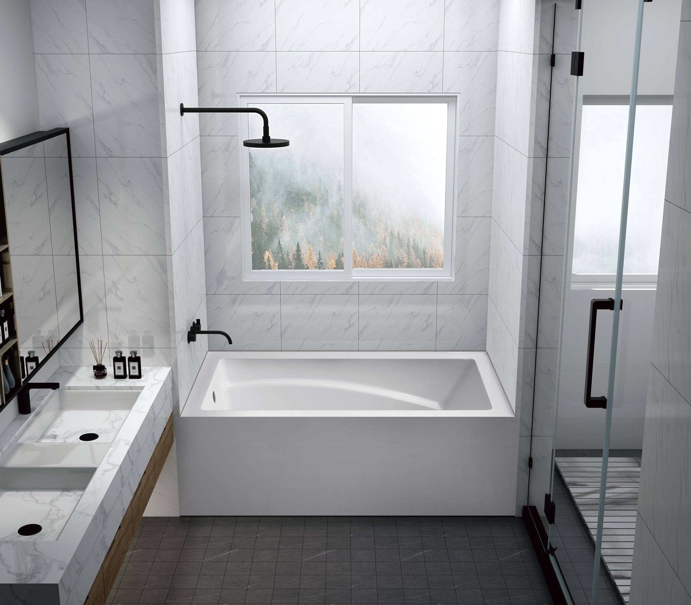 Aqua Eden VTAM6032L22D 60" Acrylic Rectangular 3-Wall Alcove Tub with Armrest and Anti-Skid Surface, Left Hand Drain, Glossy White