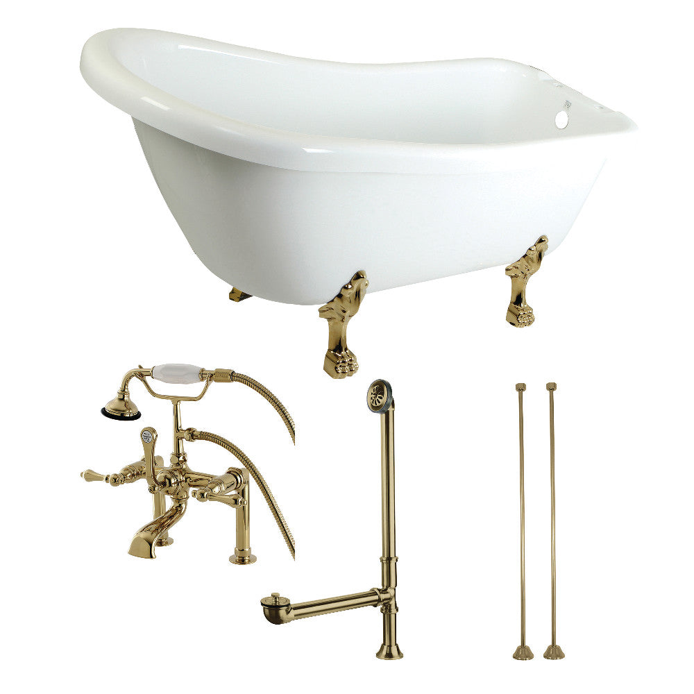 Aqua Eden KTDE692823C2 67" Acrylic Oval Single Slipper Clawfoot Tub with Faucet Drain and Supply Lines Combo, Glossy White/Polished Brass