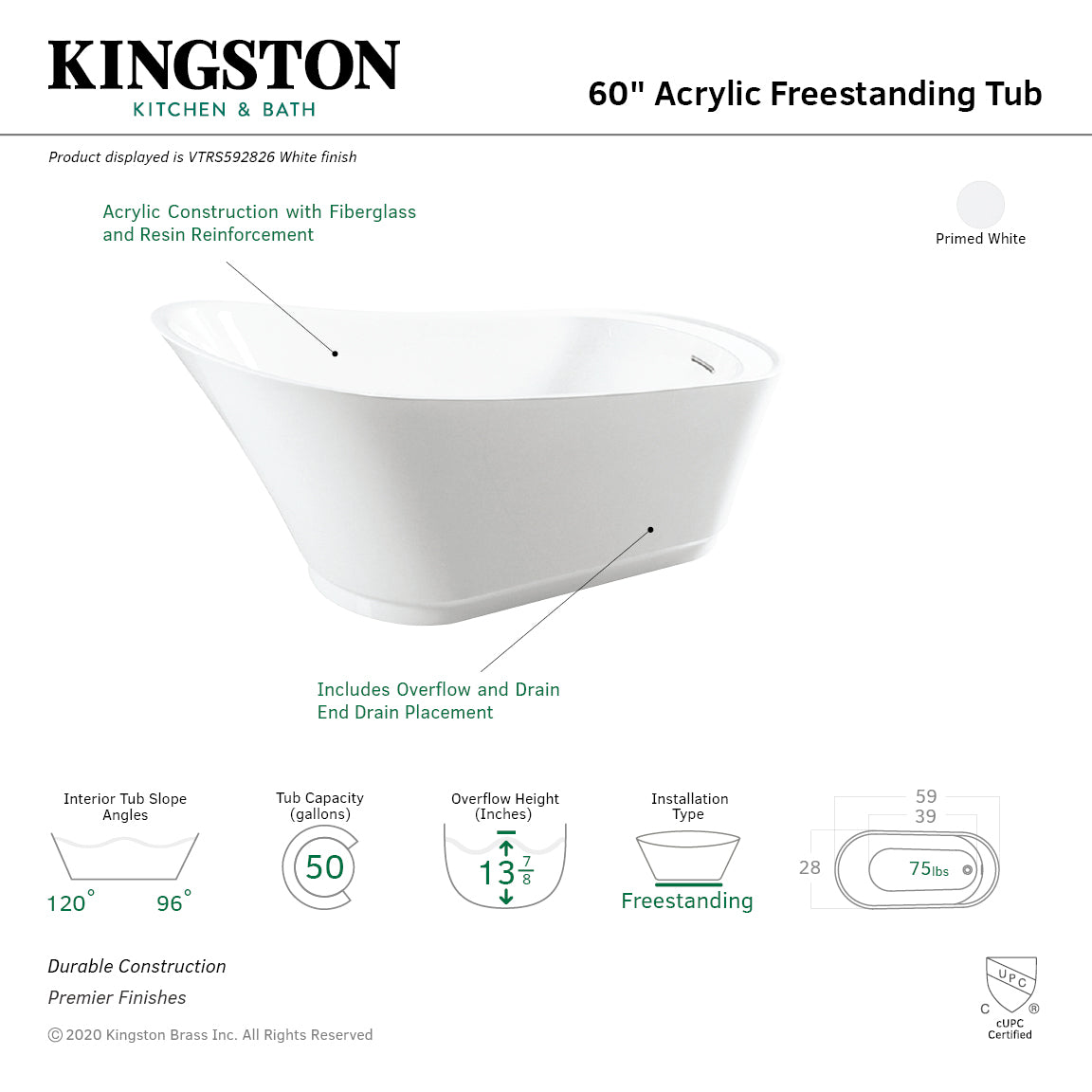Kingston Brass VTRS592826 60" Acrylic Oval Single Slipper Freestanding Tub with Drain, Glossy White