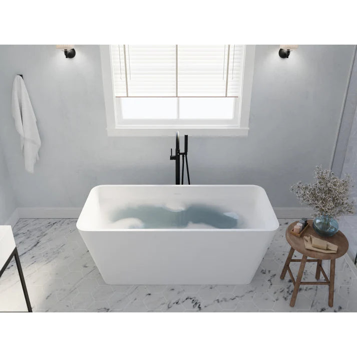 ANZZI Cenere 4.9 ft. Man-Made Stone Center Drain Freestanding Bathtub in Matte White - Bathroom Design Center