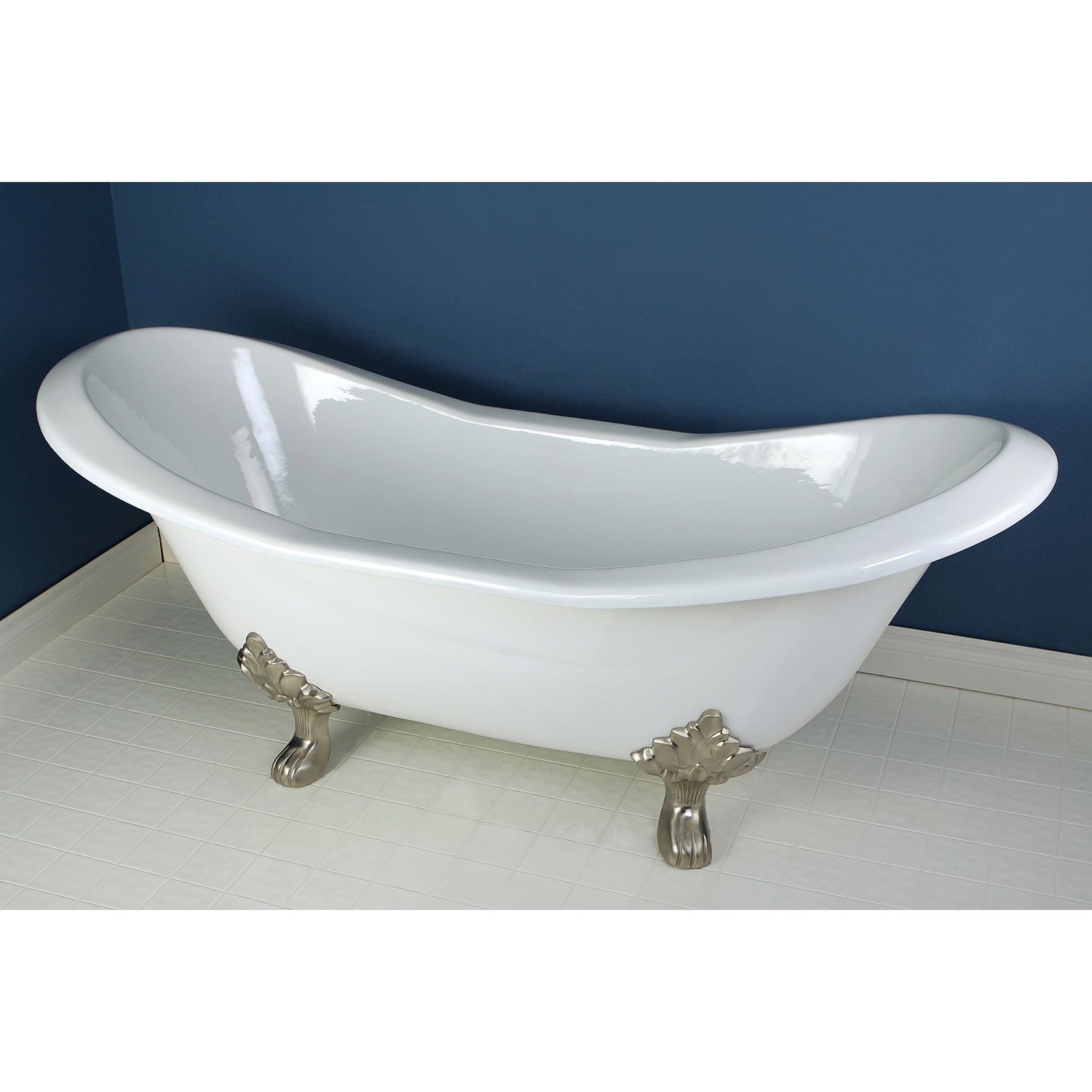 Aqua Eden VCT7D7231NC8 72" Cast Iron Oval Double Slipper Clawfoot Tub (7" Faucet Drillings), White/Brushed Nickel