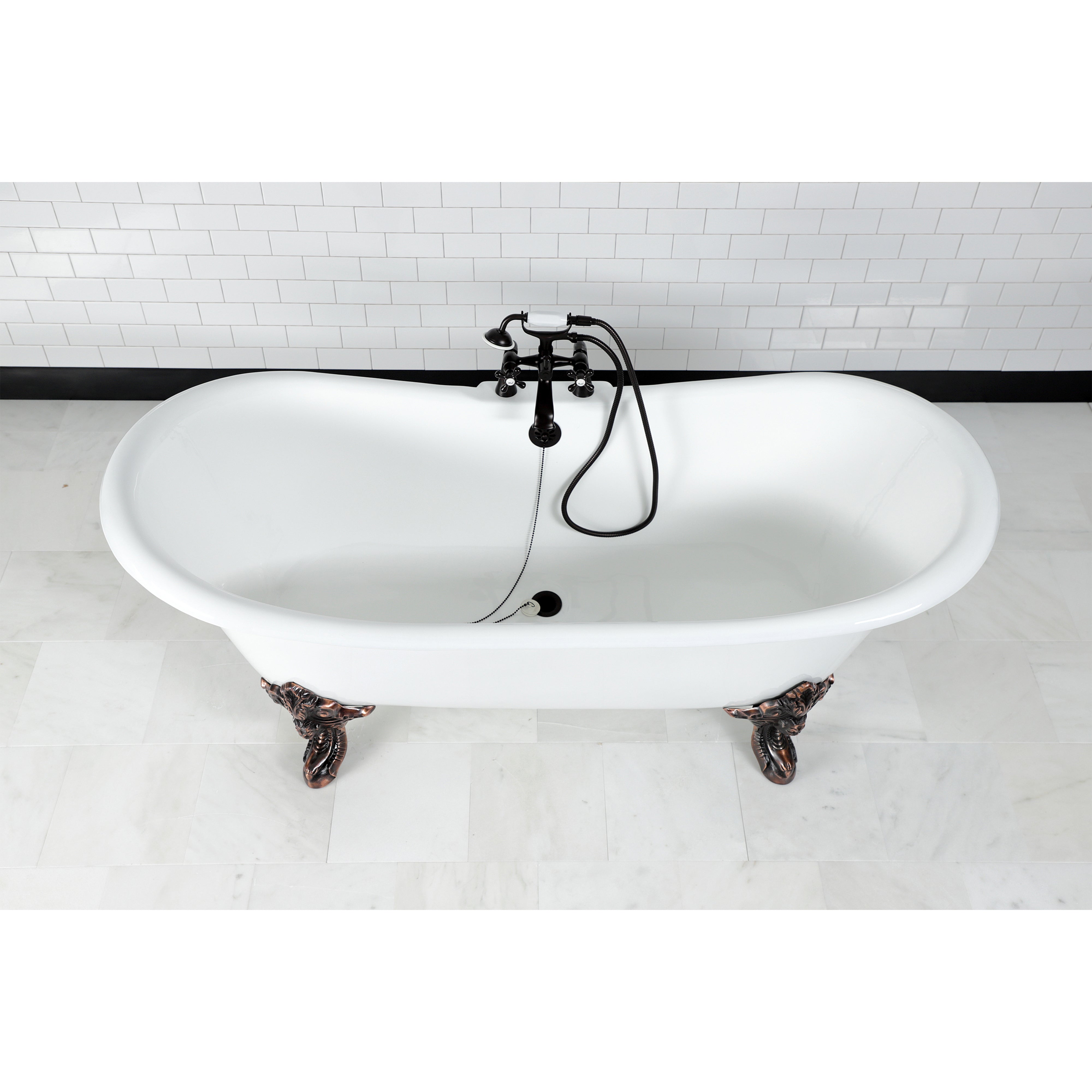 Aqua Eden VCT7DS7231NL5 72" Cast Iron Oval Double Slipper Clawfoot Tub (7" Faucet Drillings), White/Oil Rubbed Bronze