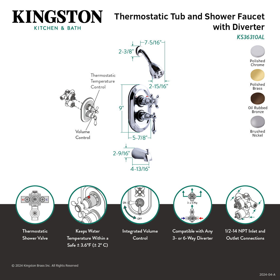 Kingston KS36380AL Restoration Double-Handle 3-Hole Thermostatic Tub and Shower Faucet with Diverter Spout, Brushed Nickel
