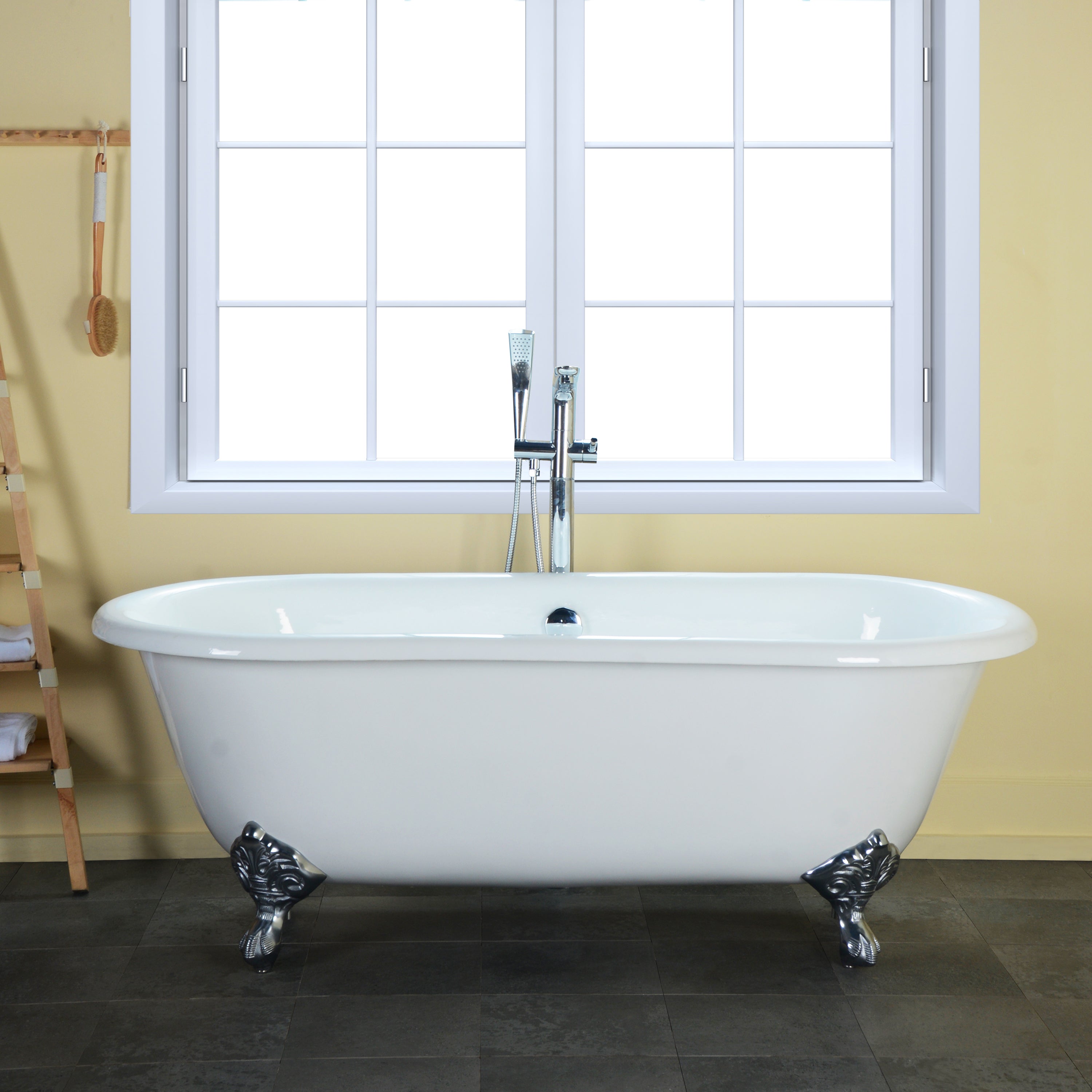 Aqua Eden VCTND603017NB1 60" Cast Iron Oval Double Ended Clawfoot Tub (No Faucet Drillings), White/Polished Chrome