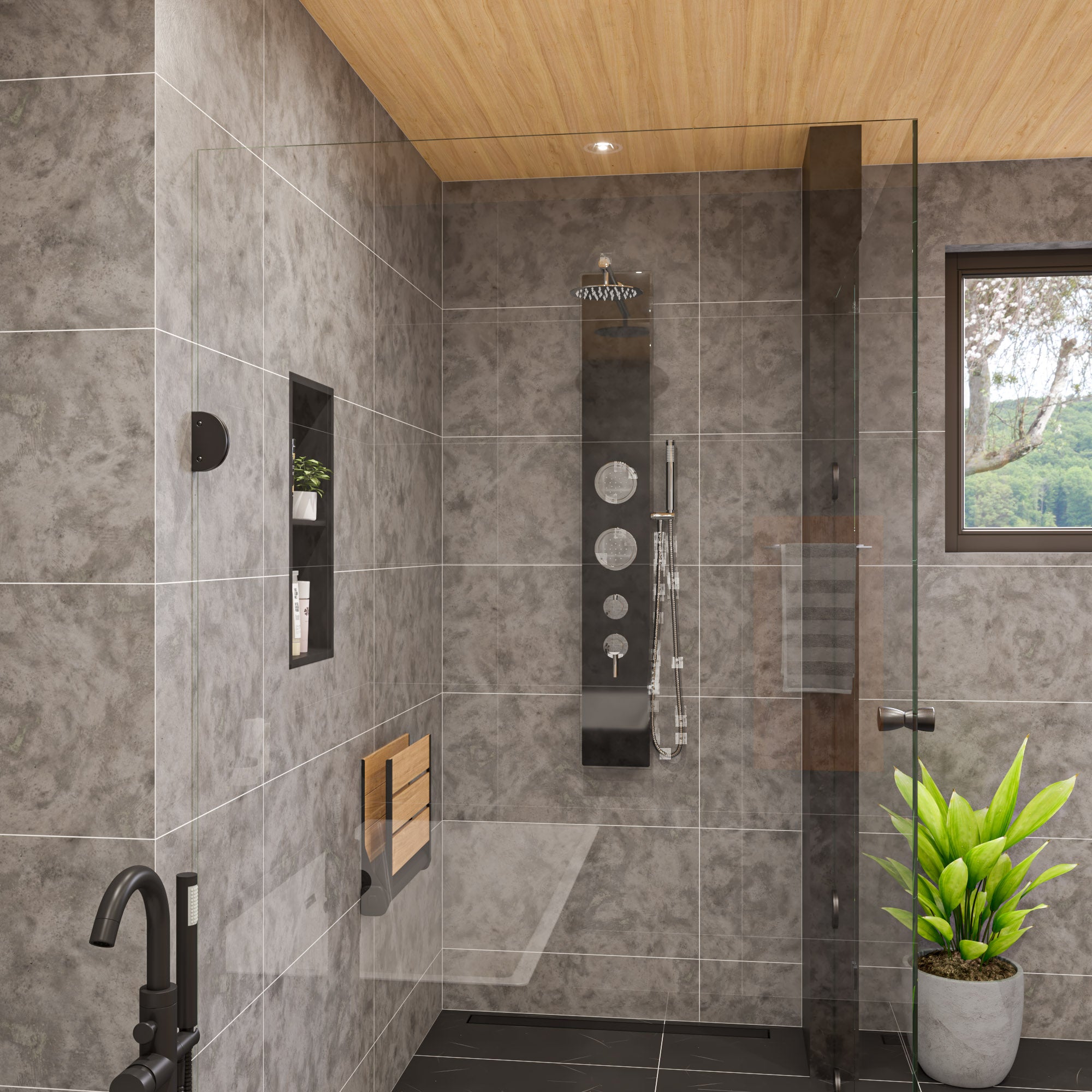 ALFI ABSP55B Black Glass Shower Panel with 2 Body Sprays and Rain Shower Head