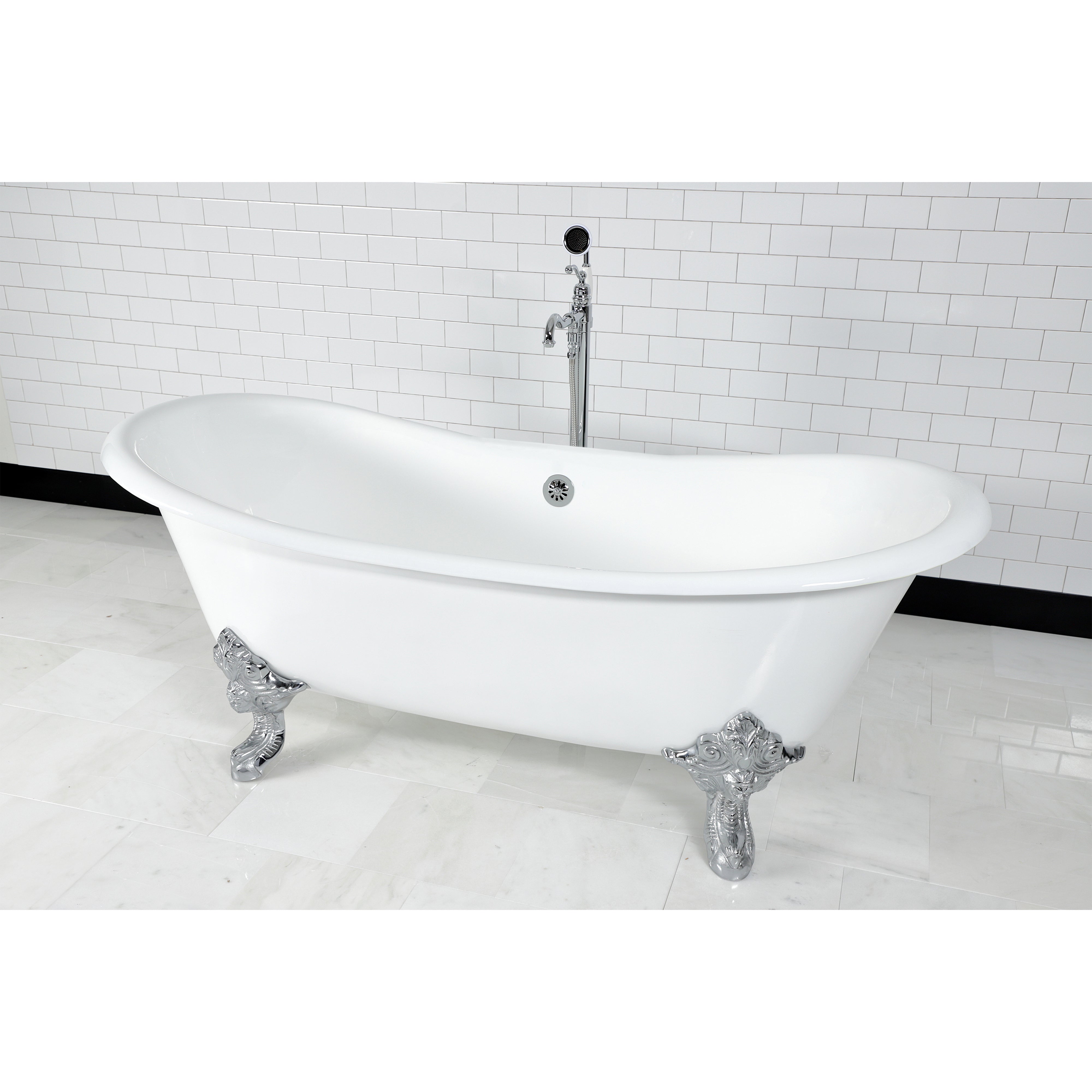 Aqua Eden VCTNDS7231NL1 72" Cast Iron Oval Double Slipper Clawfoot Tub (No Faucet Drillings), White/Polished Chrome