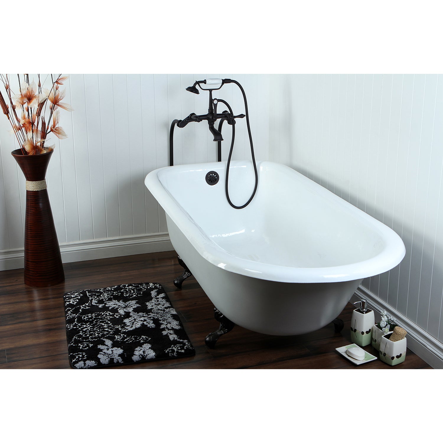 Aqua Eden VCTND673123T5 67" Cast Iron Oval Rectangular Roll Top Clawfoot Tub (No Faucet Drillings), White/Oil Rubbed Bronze